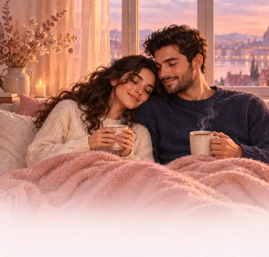 A couple resting together under a pink blanket at sunset