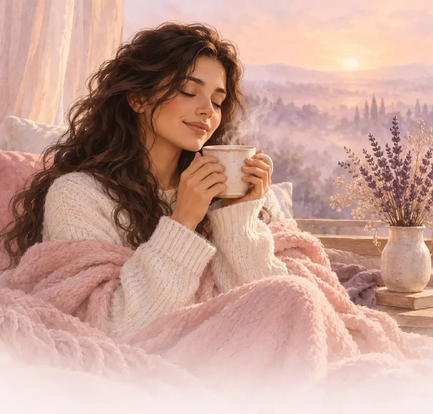 A woman resting with a warm drink in the morning light