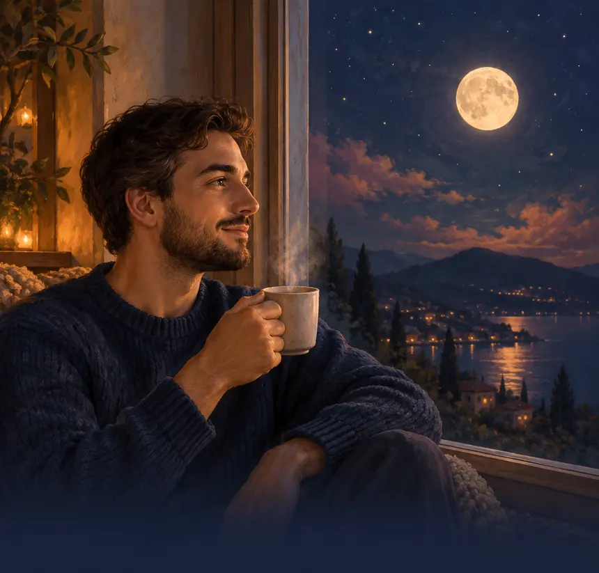 A man by a window at night with a warm drink